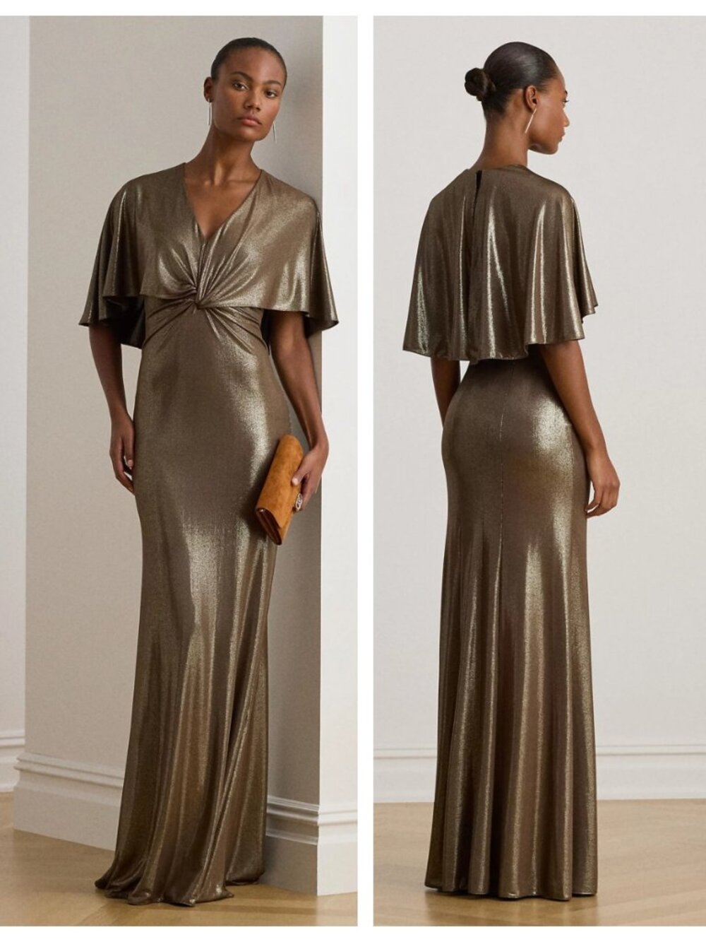 Lauren Ralph Lauren Metallic Jersey Twist-Front Cape Gown DKTP/GLD